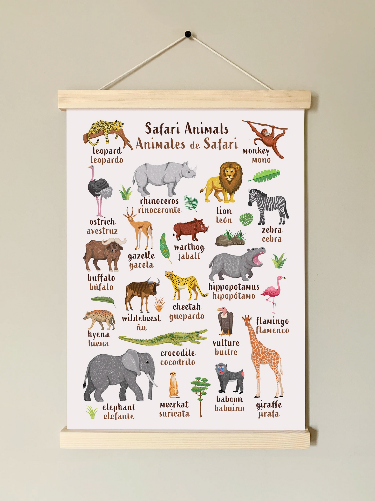 Learn English & Spanish with Safari Animals Poster