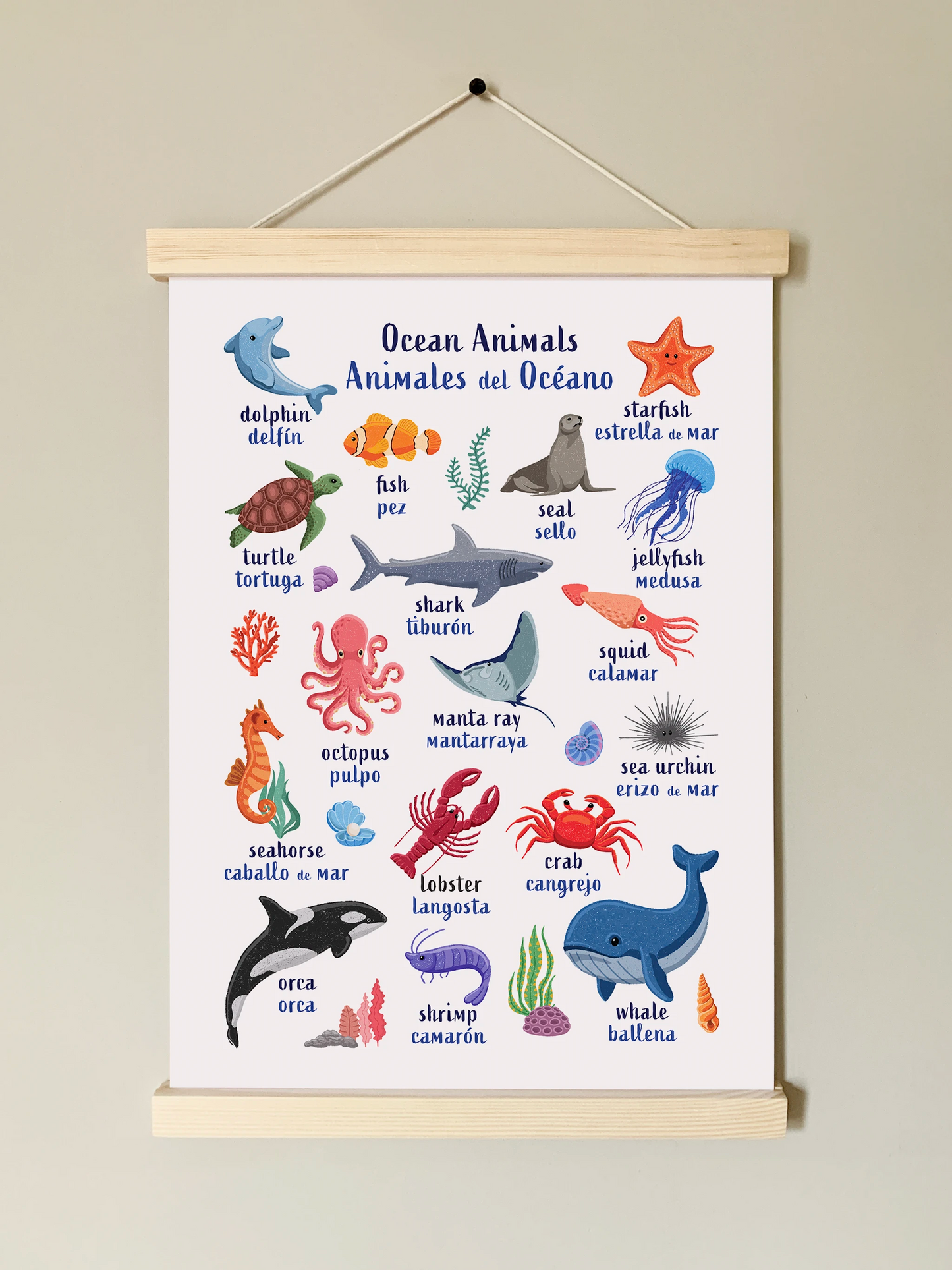 Learn English & Spanish with Ocean Animals Poster