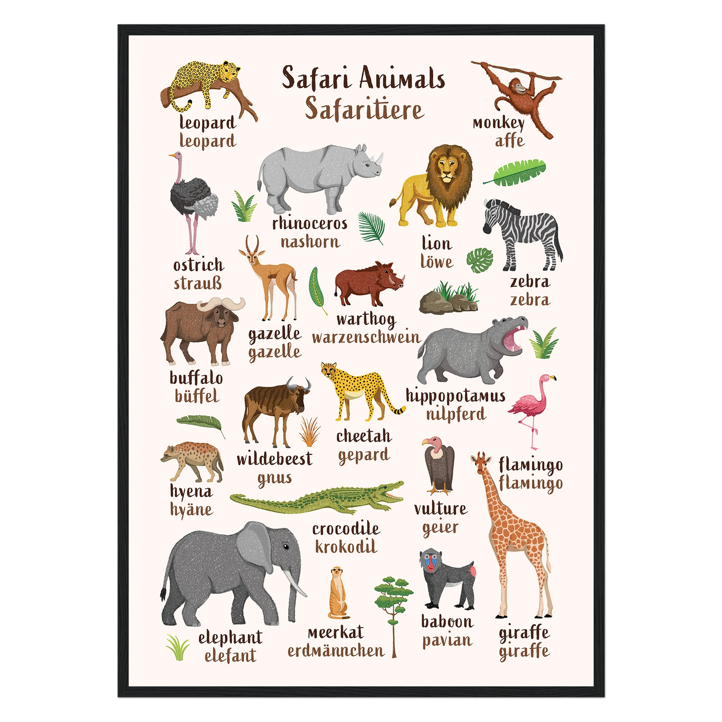 Learn English & German with Safari Animals Poster