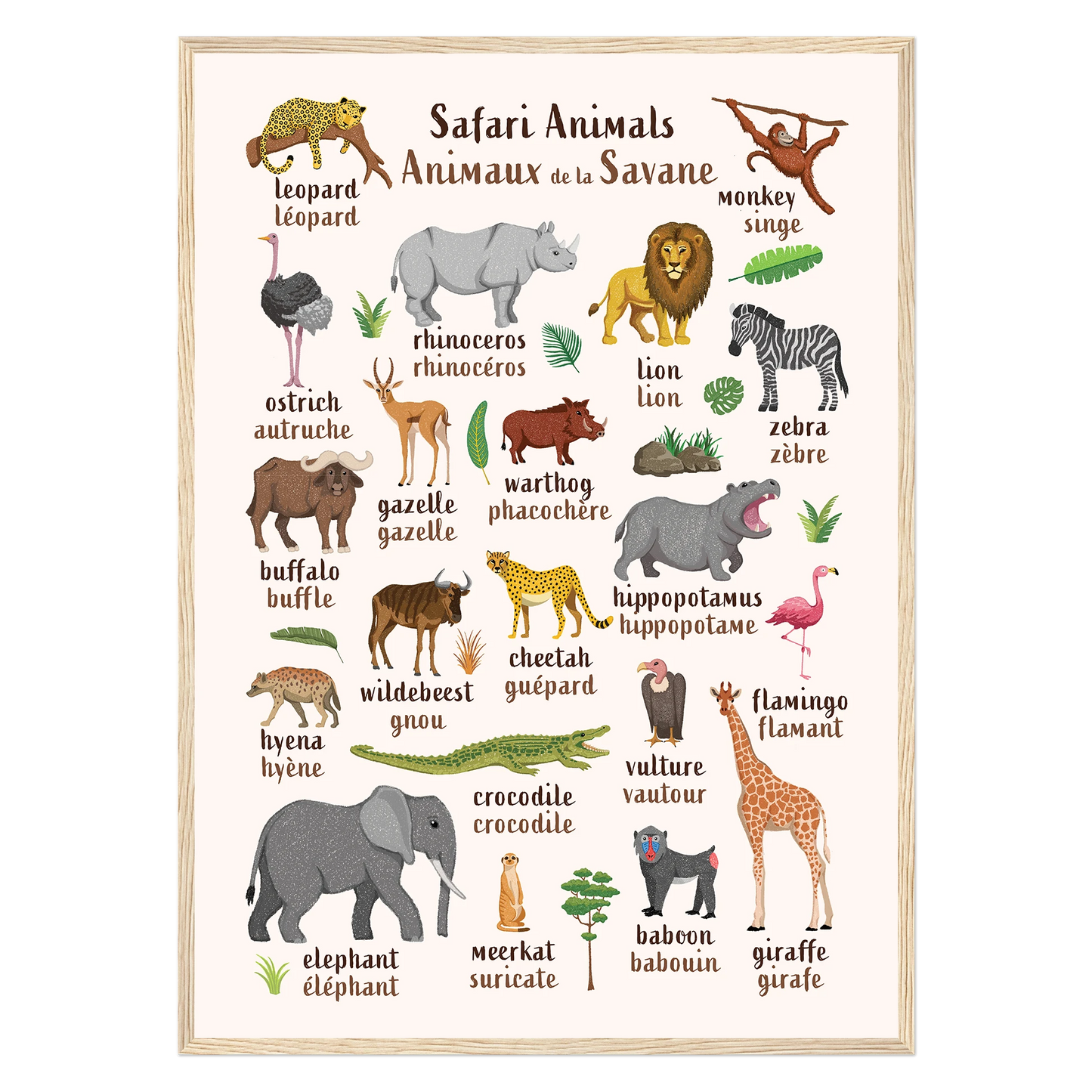 Learn English & French with Safari Animals Poster