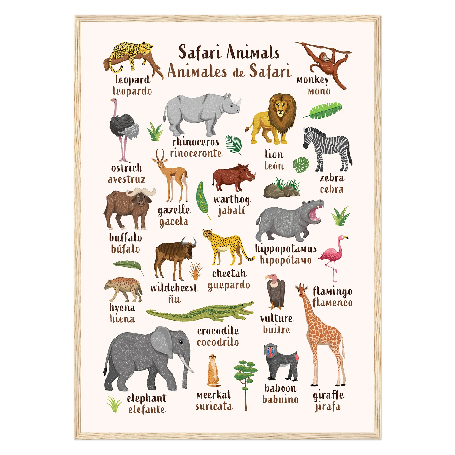 Learn English & Spanish with Safari Animals Poster