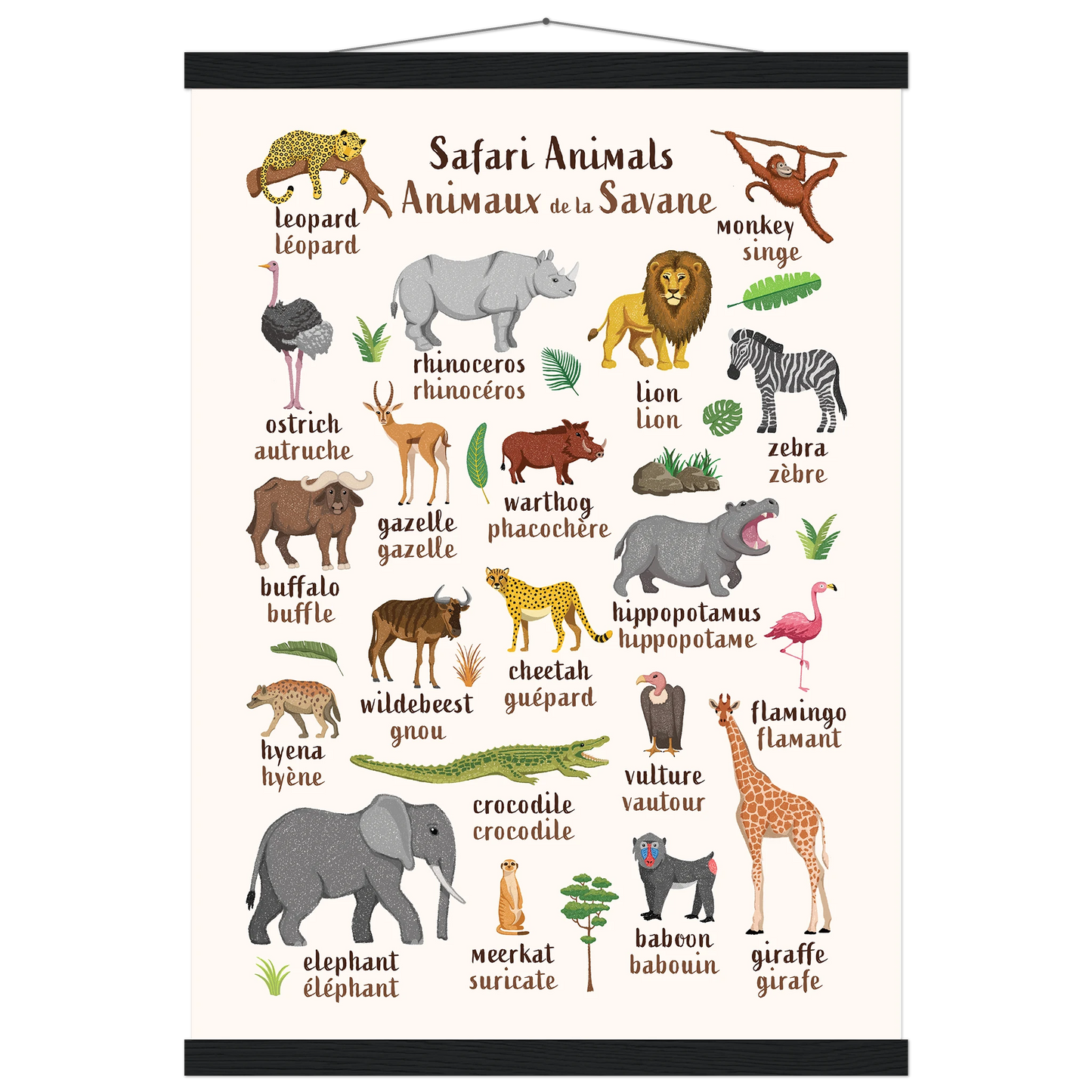 Learn English & French with Safari Animals Poster