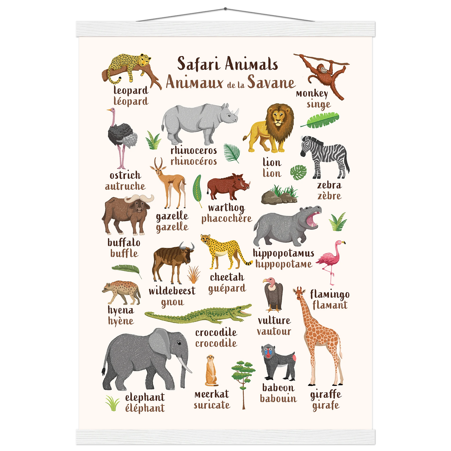 Learn English & French with Safari Animals Poster