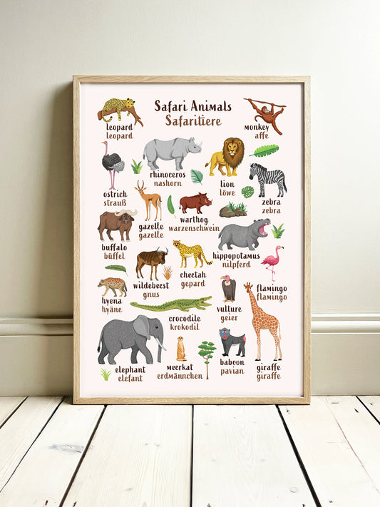 Learn English & German with Safari Animals Poster
