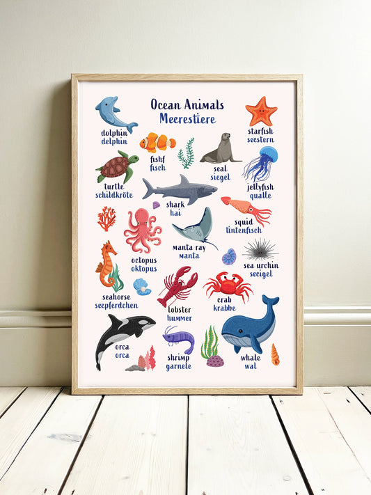 Learn English & German with Ocean Animals Poster