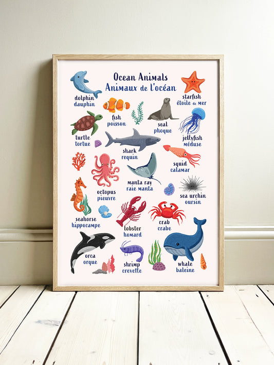 Learn English & French with Ocean Animals Poster