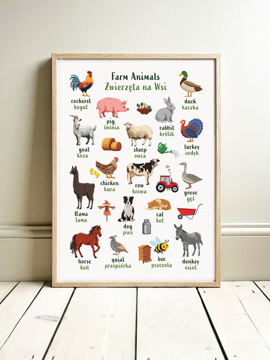 Learn English & Polish with Farmyard Bilingual Poster