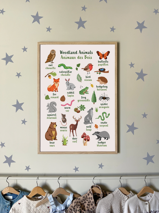 Learn English & French with Woodland Animals Poster