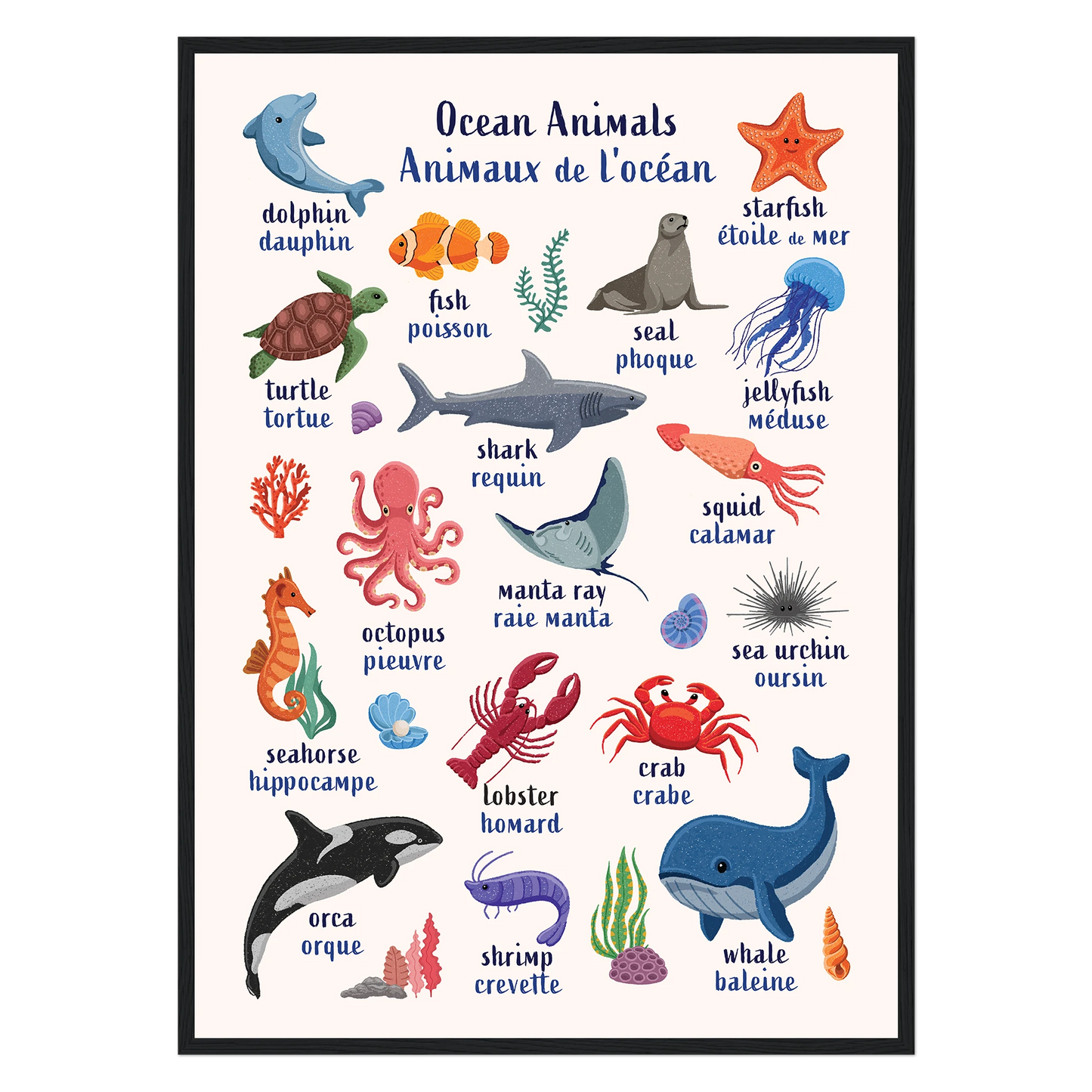 Learn English & French with Ocean Animals Poster