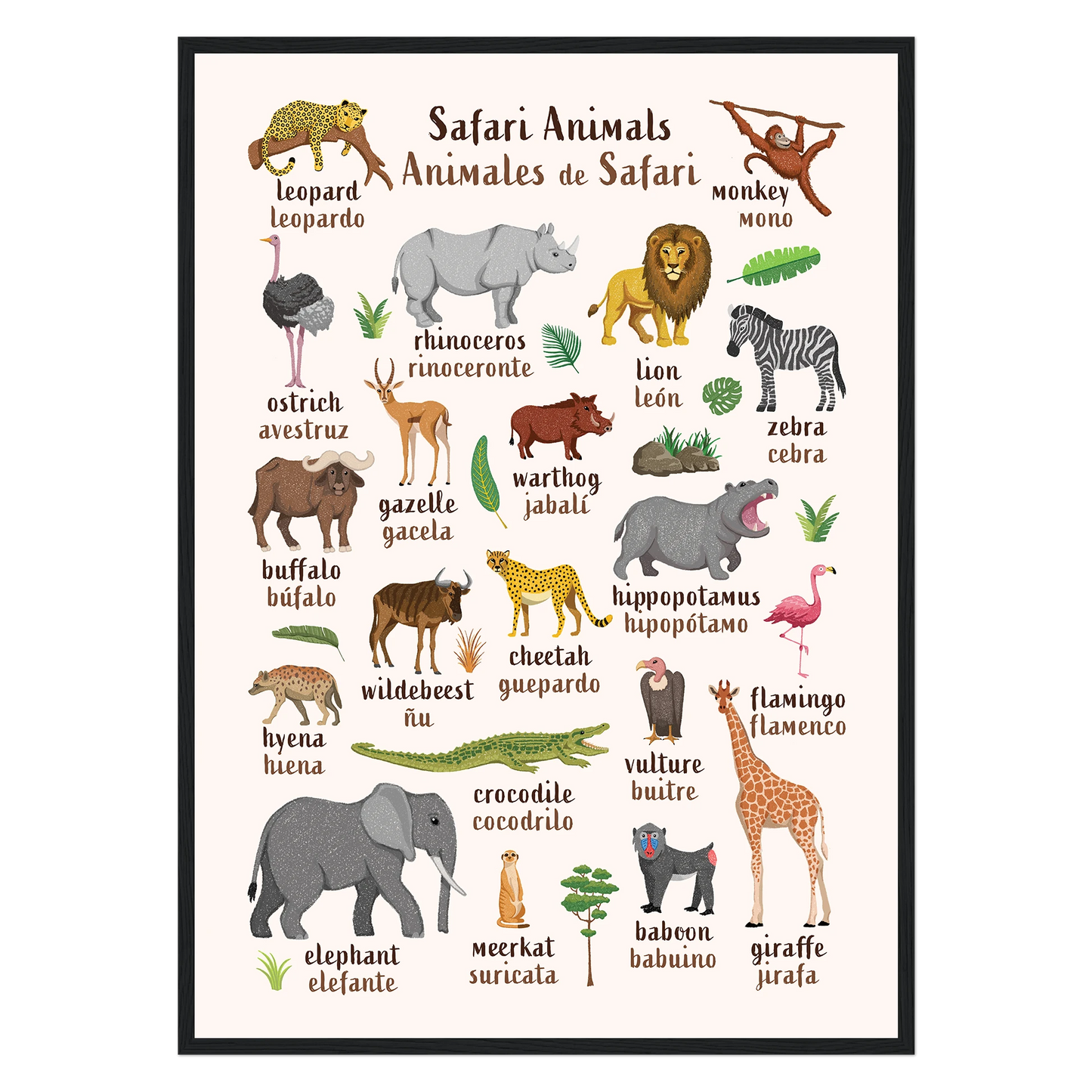 Learn English & Spanish with Safari Animals Poster