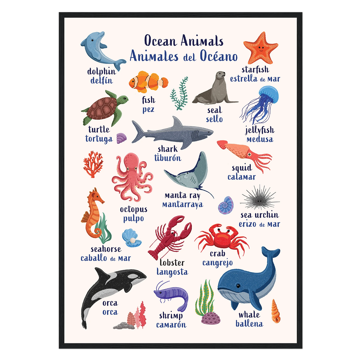 Learn English & Spanish with Ocean Animals Poster