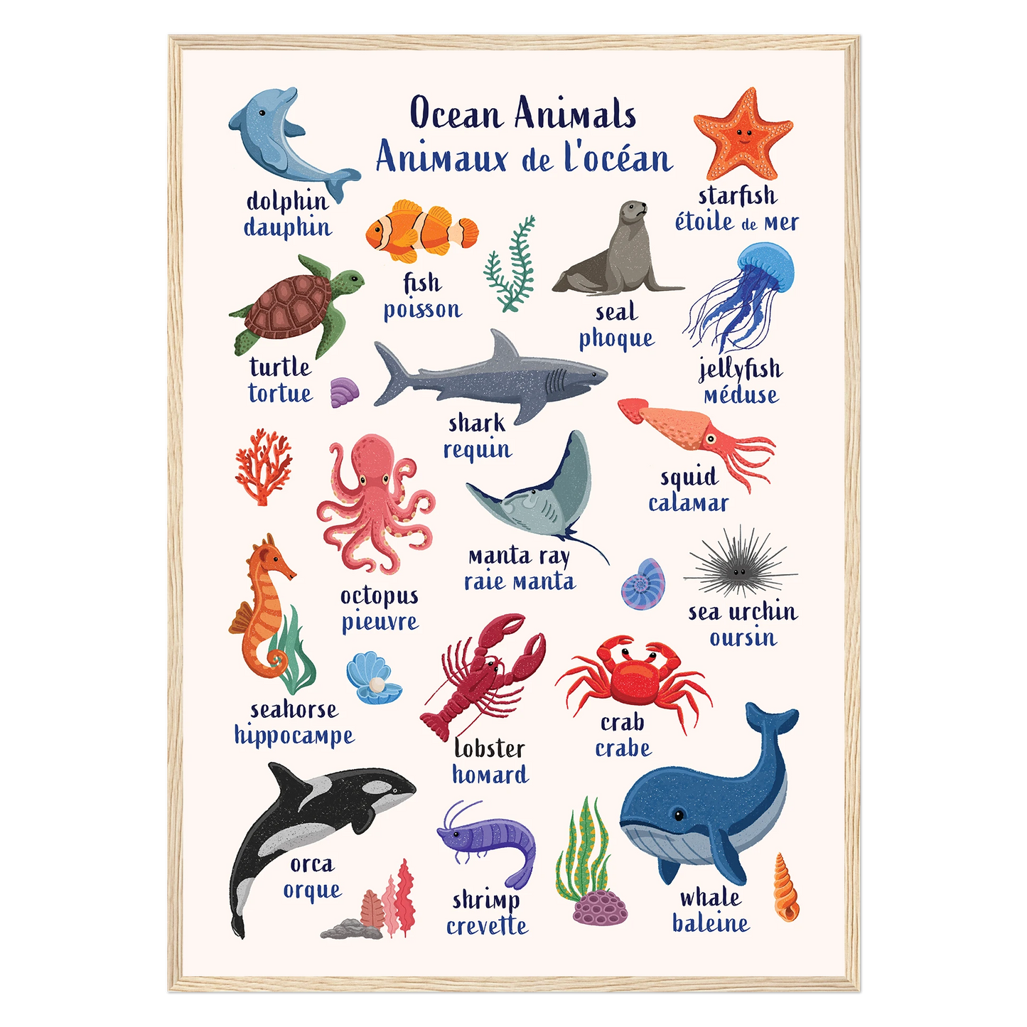 Learn English & French with Ocean Animals Poster