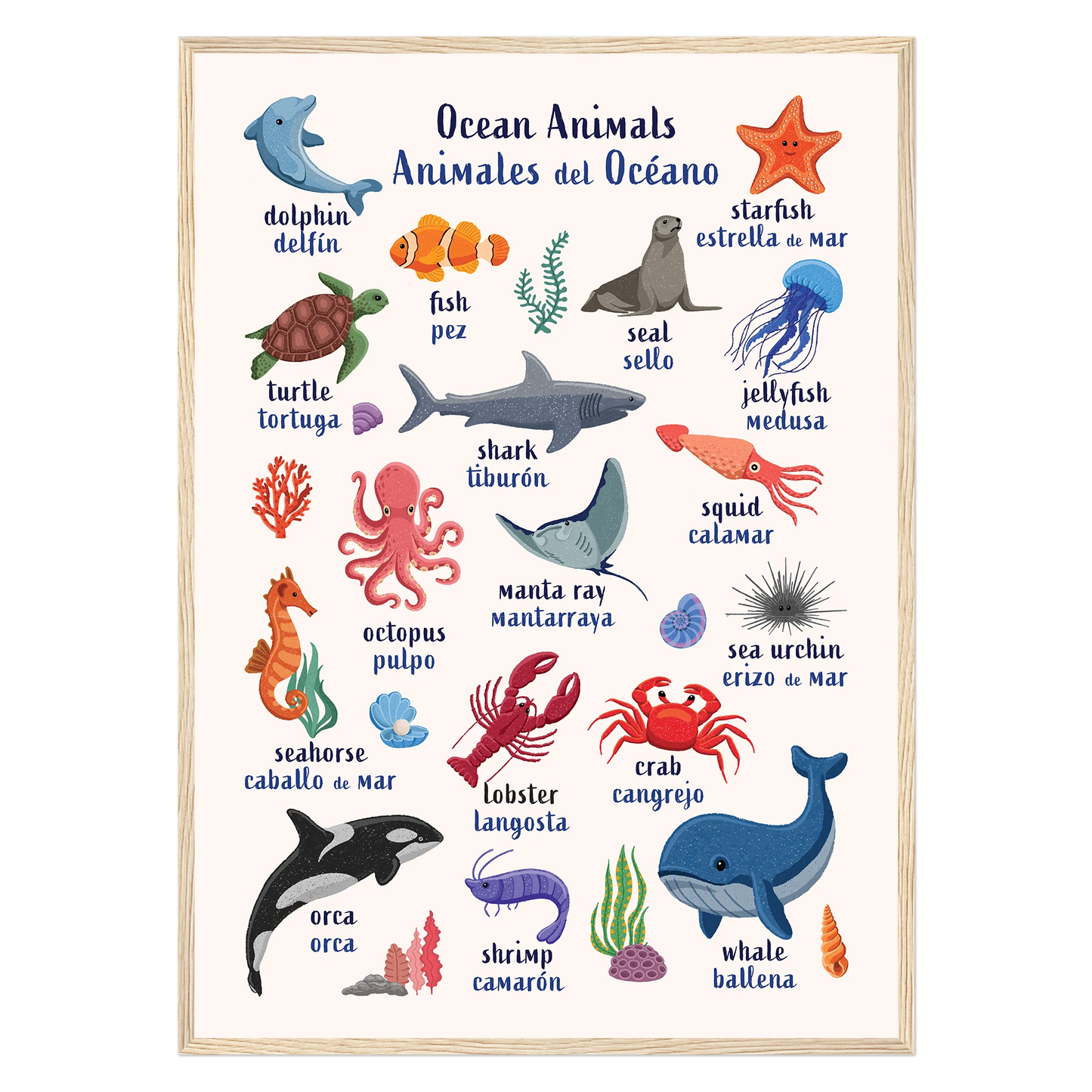 Learn English & Spanish with Ocean Animals Poster