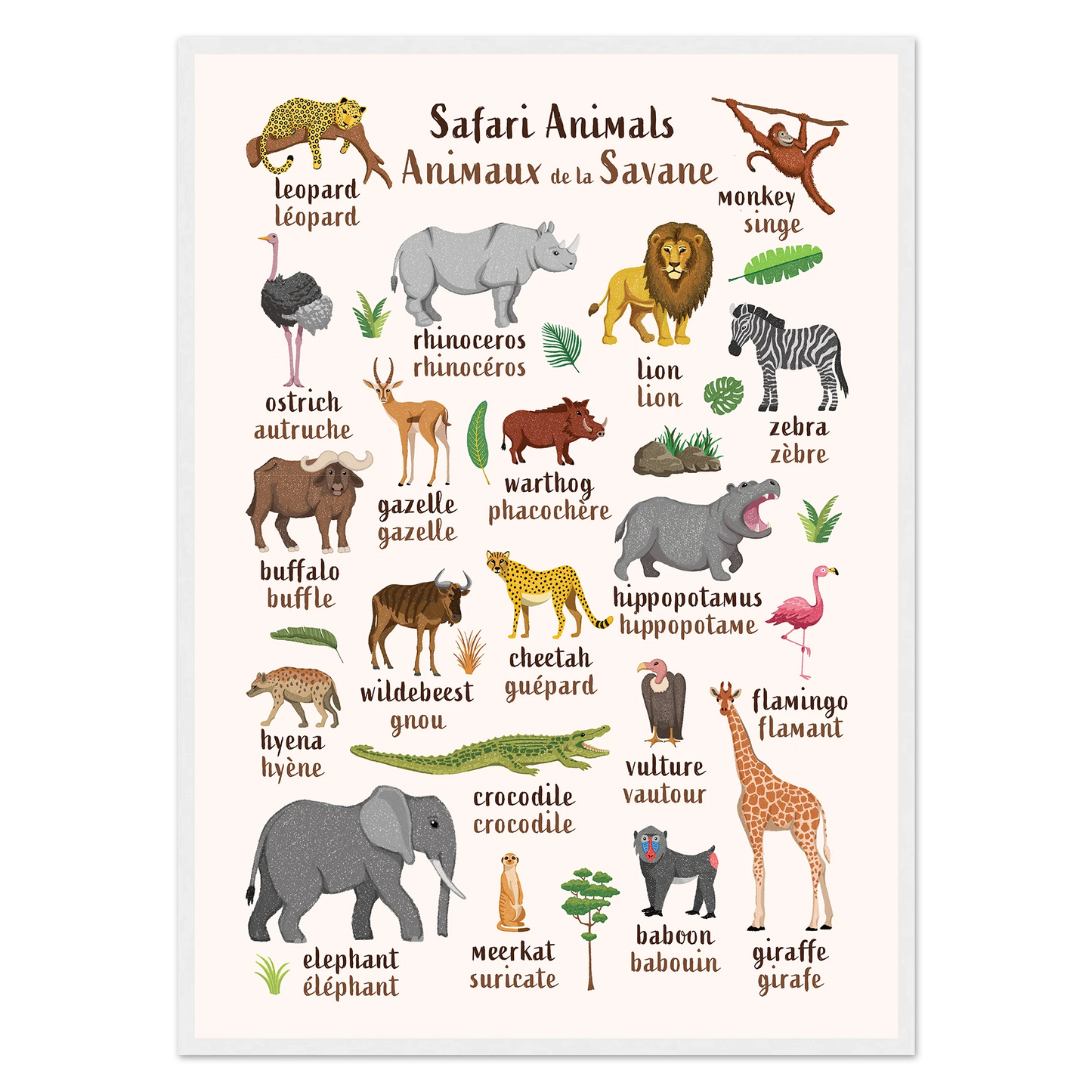 Learn English & French with Safari Animals Poster