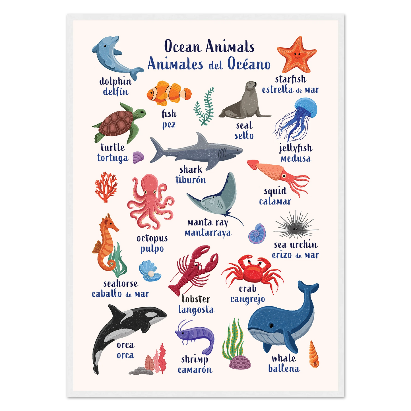 Learn English & Spanish with Ocean Animals Poster