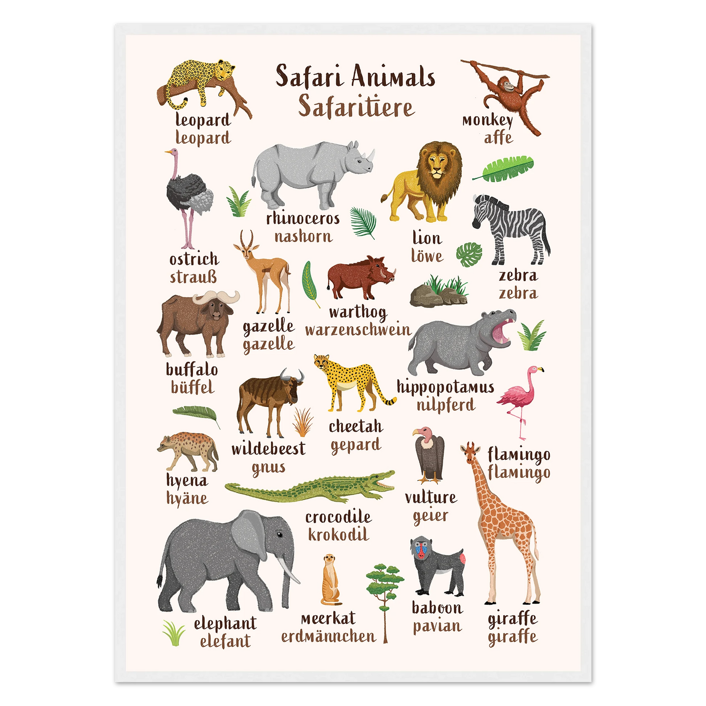 Learn English & German with Safari Animals Poster