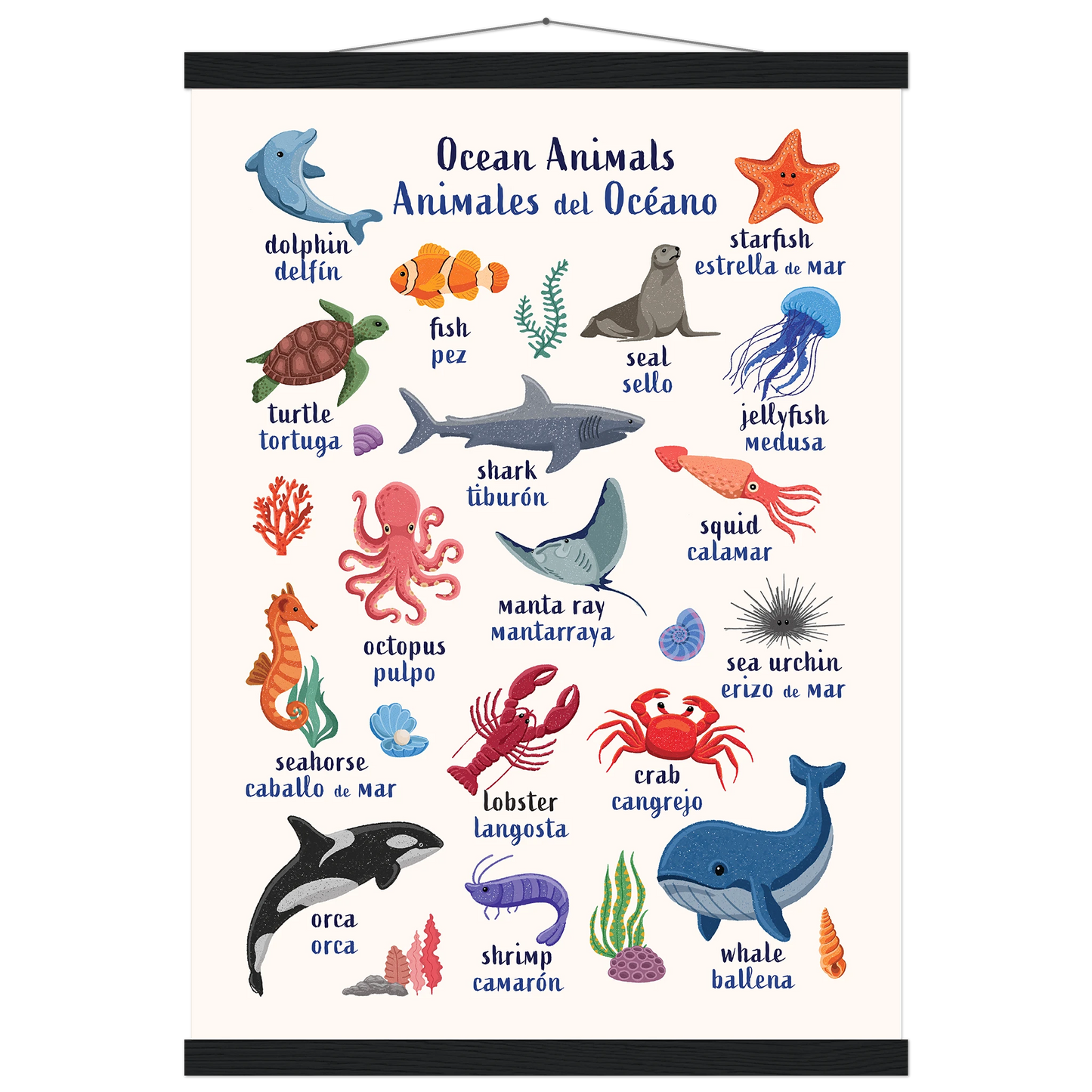 Learn English & Spanish with Ocean Animals Poster