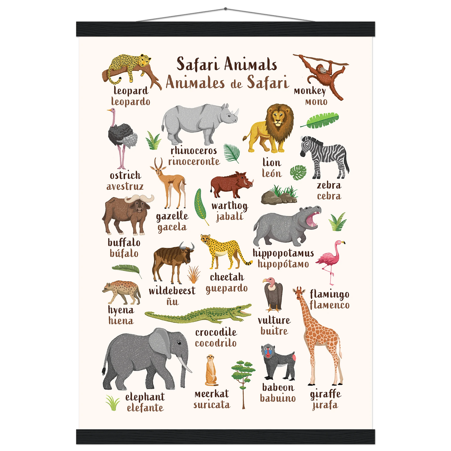 Learn English & Spanish with Safari Animals Poster