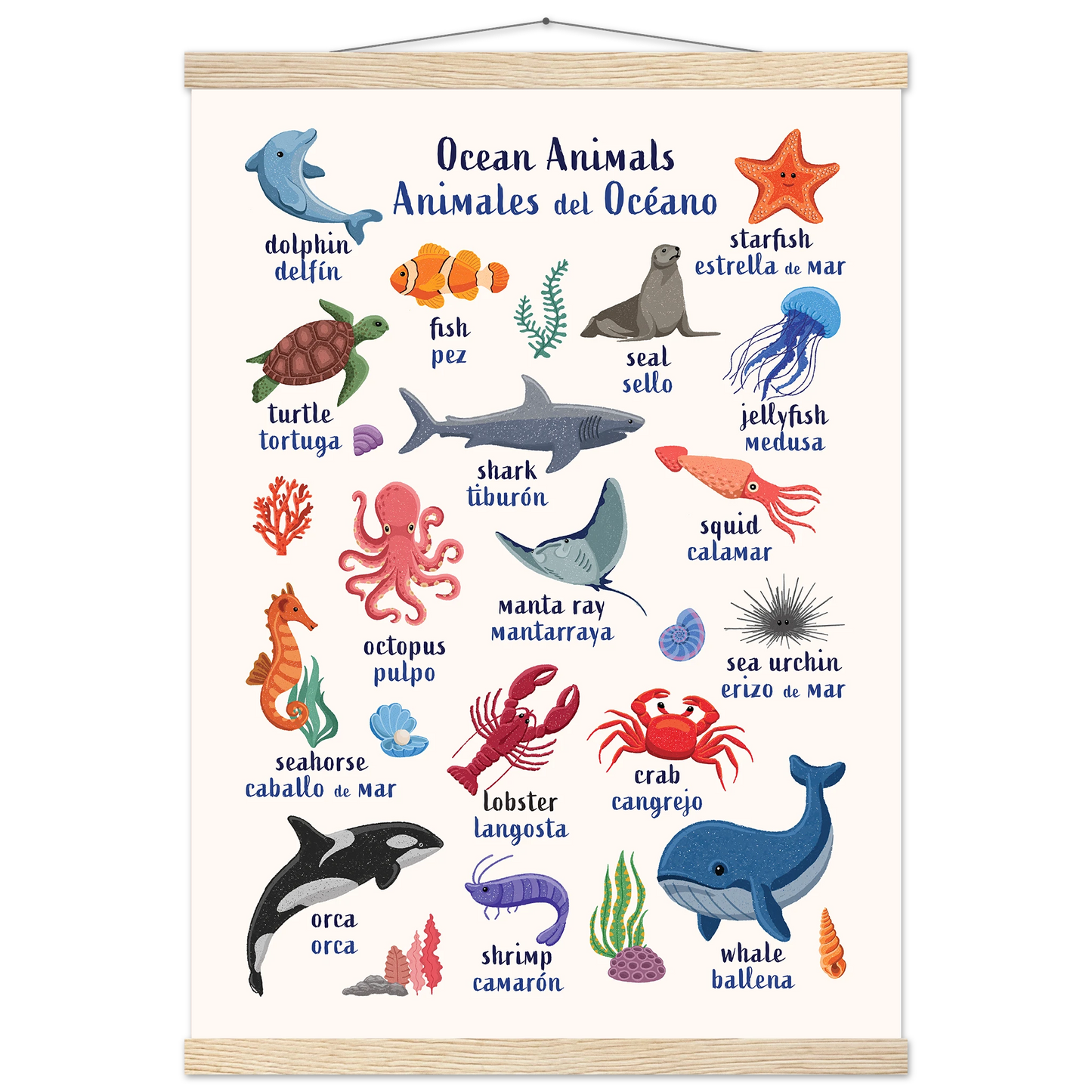 Learn English & Spanish with Ocean Animals Poster