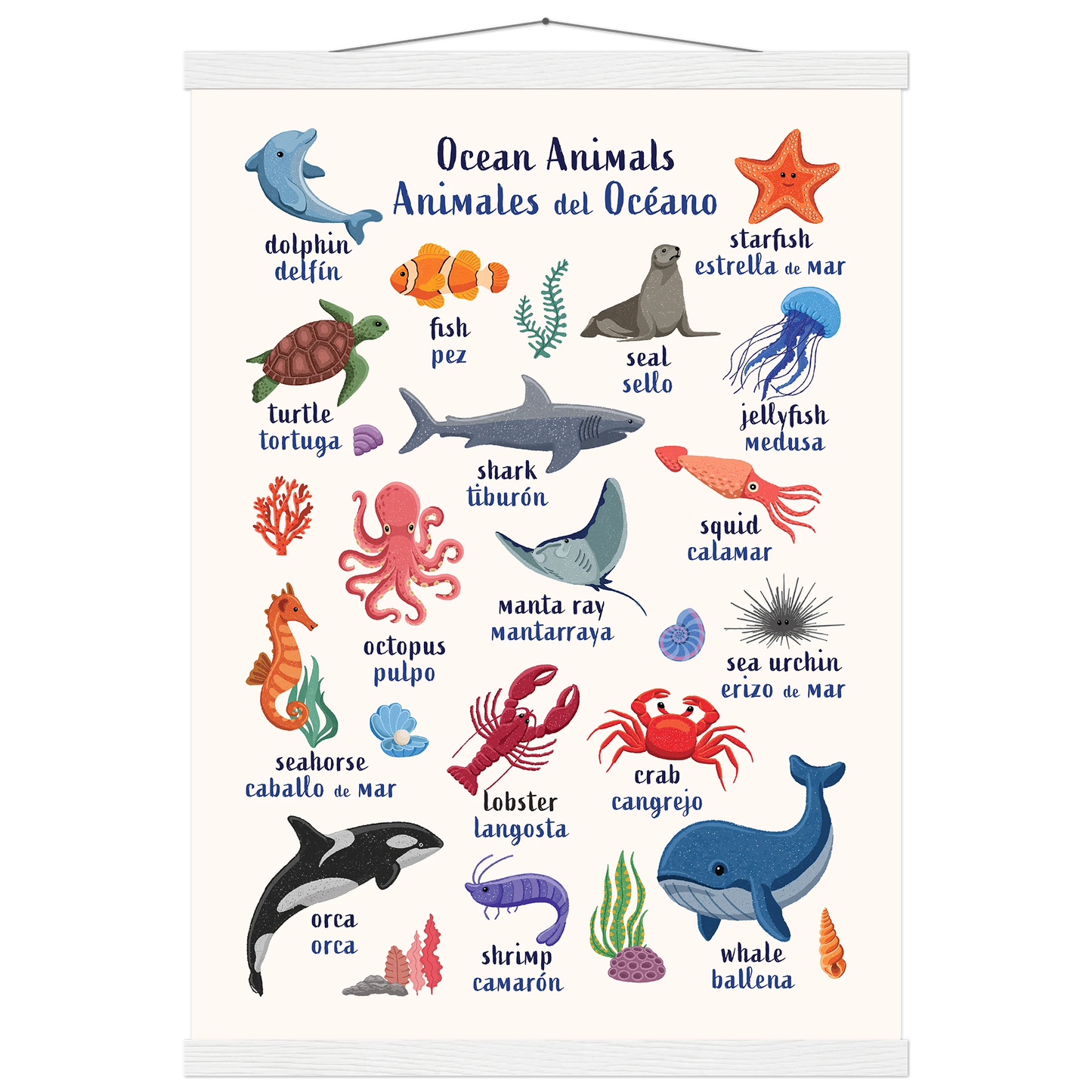Learn English & Spanish with Ocean Animals Poster
