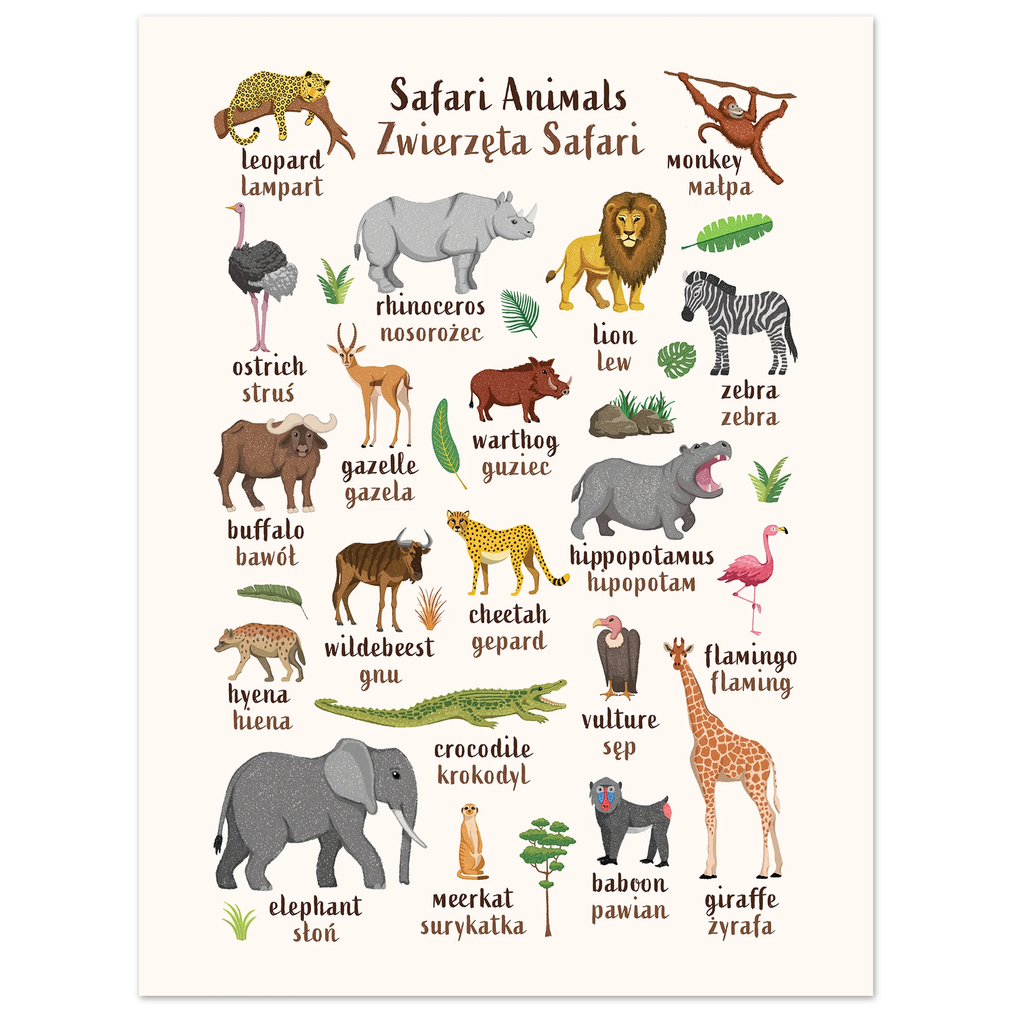 Learn English & Polish with Safari Animals Poster