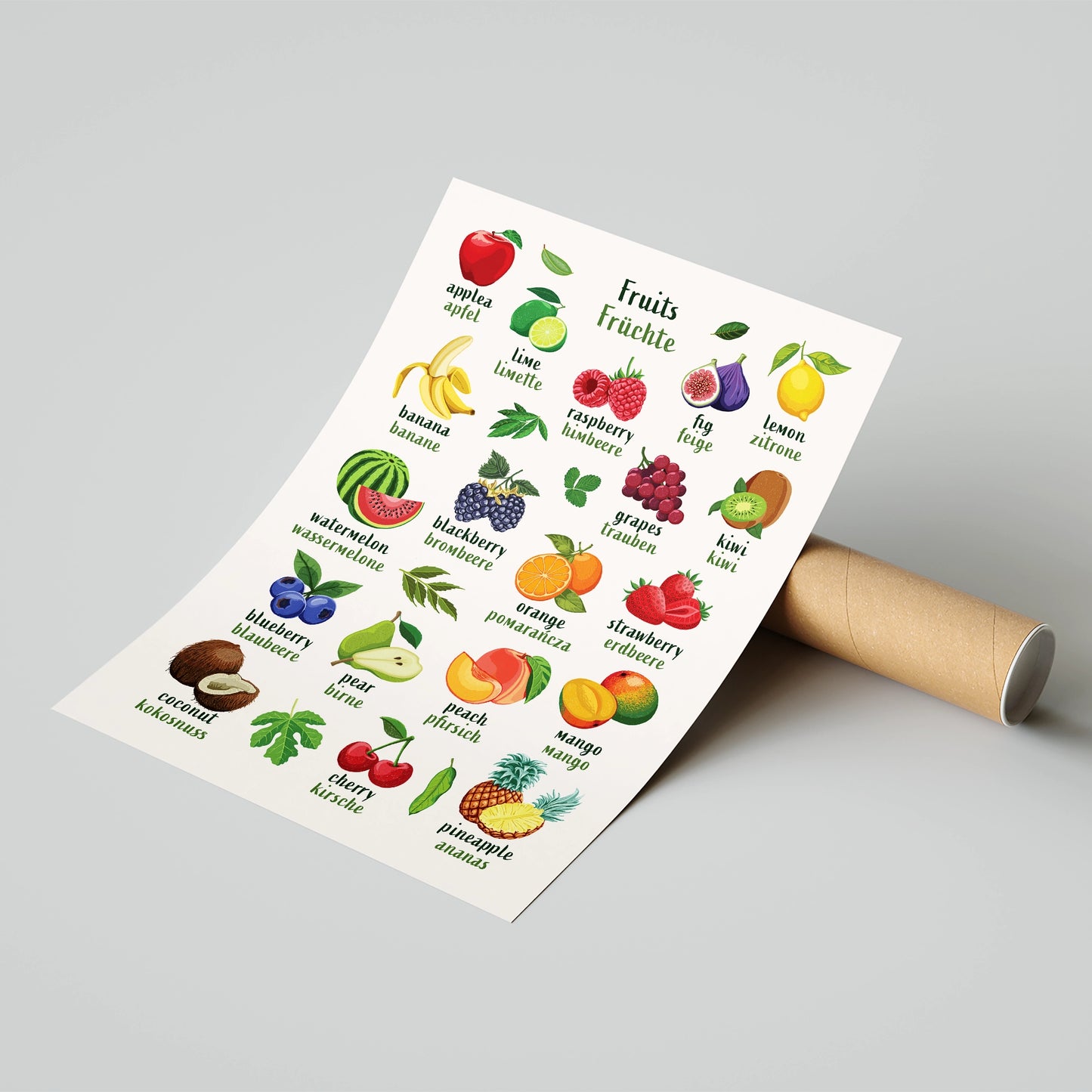 Learn English & German with Fruit Bilingual Poster