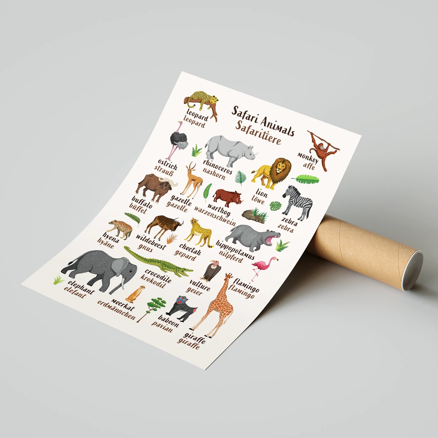 Learn English & German with Safari Animals Poster