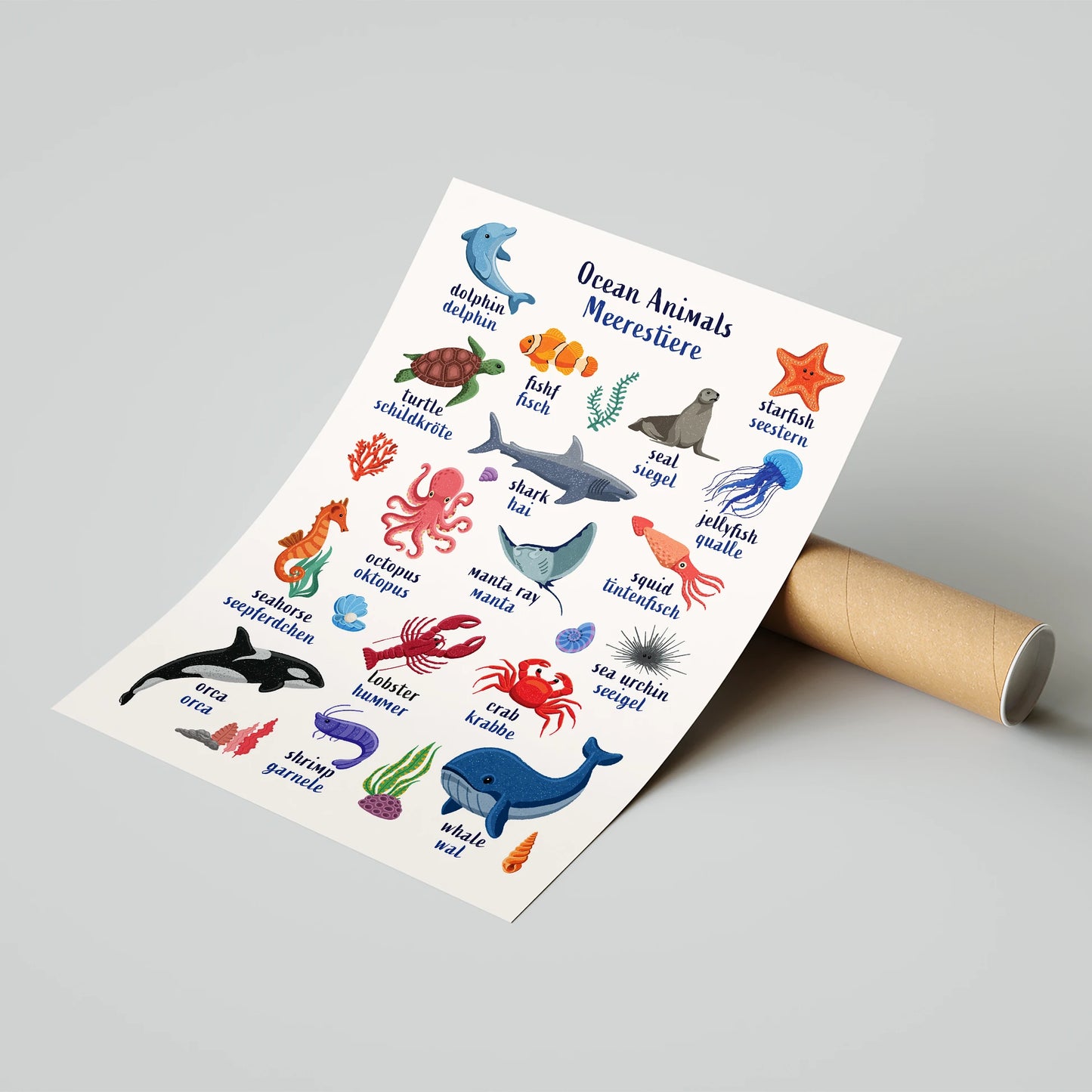 Learn English & German with Ocean Animals Poster