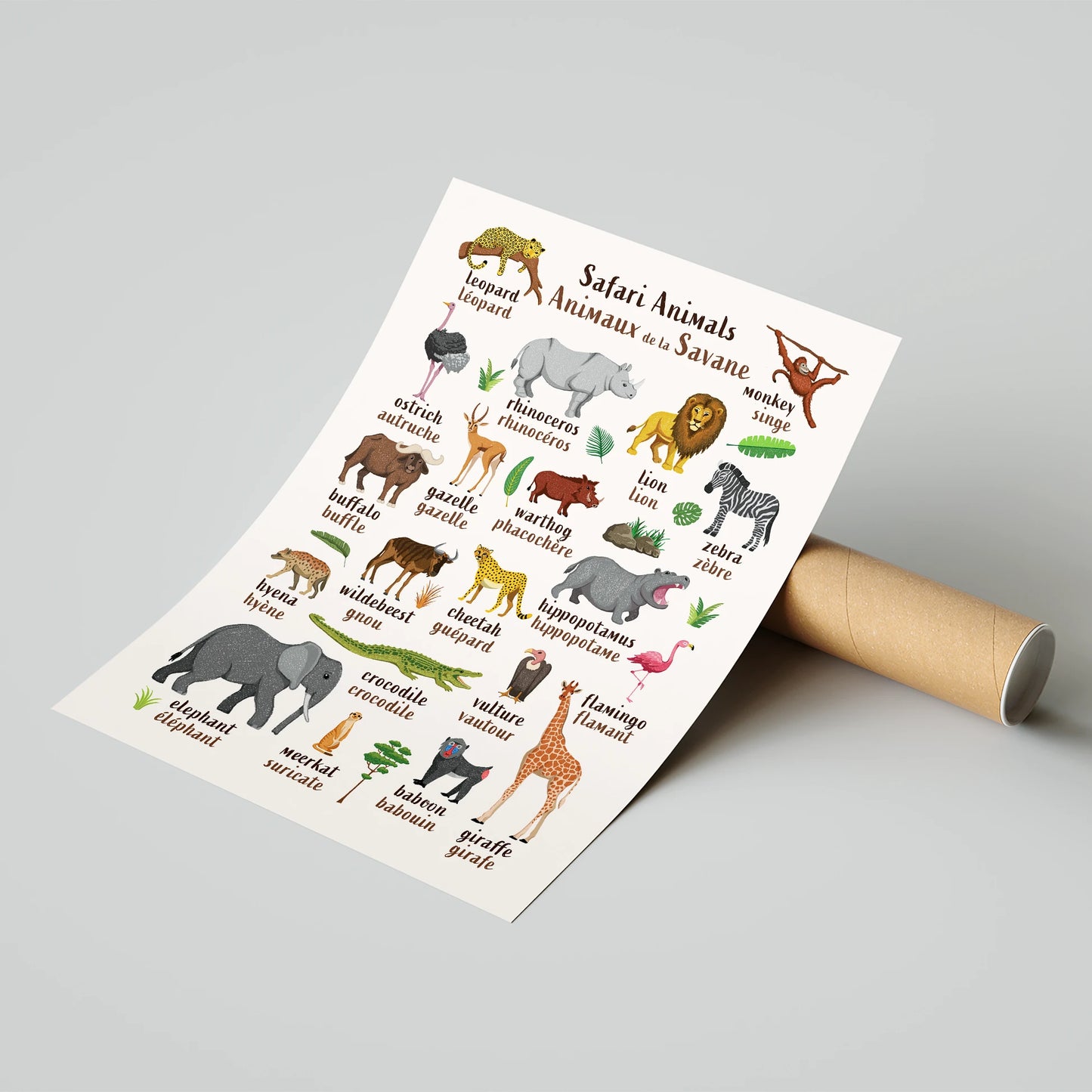 Learn English & French with Safari Animals Poster
