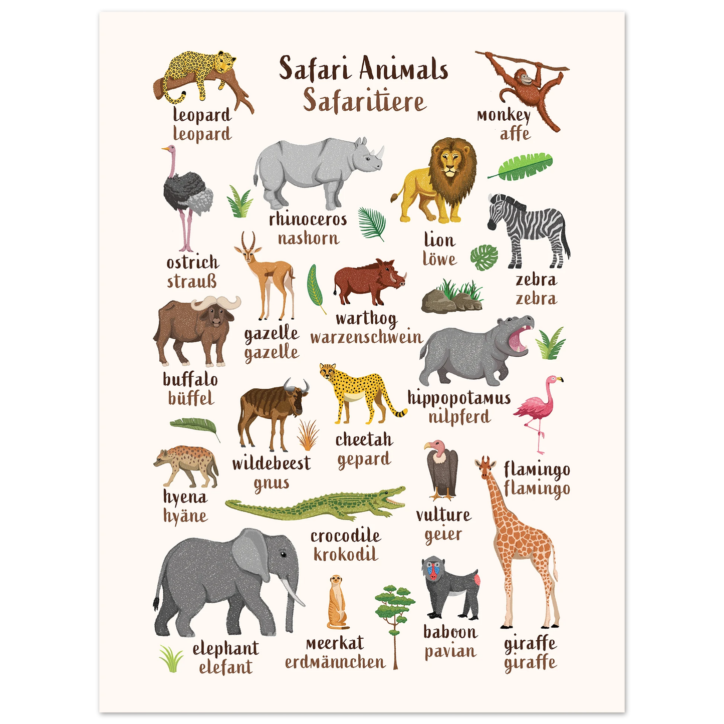 Learn English & German with Safari Animals Poster